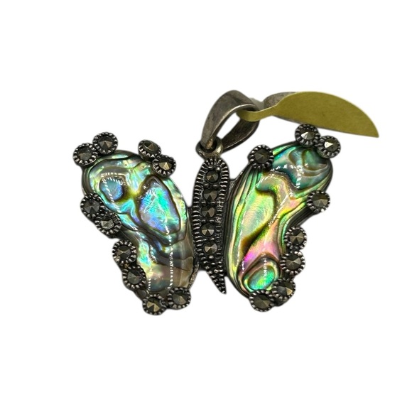 925 Sterling Abalone Butterfly Pendant • Marcasite Accents • Estate Necklace